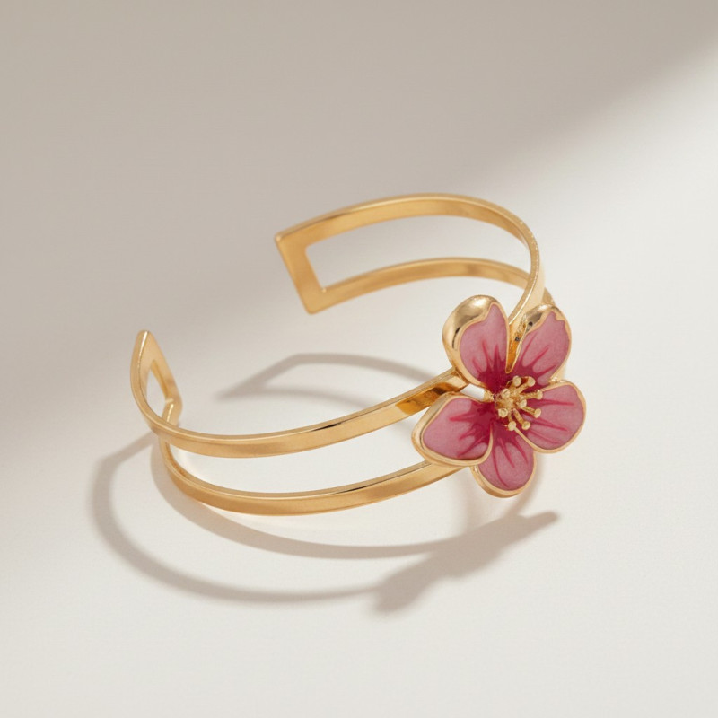 Bracelet manchette doré fleur rose