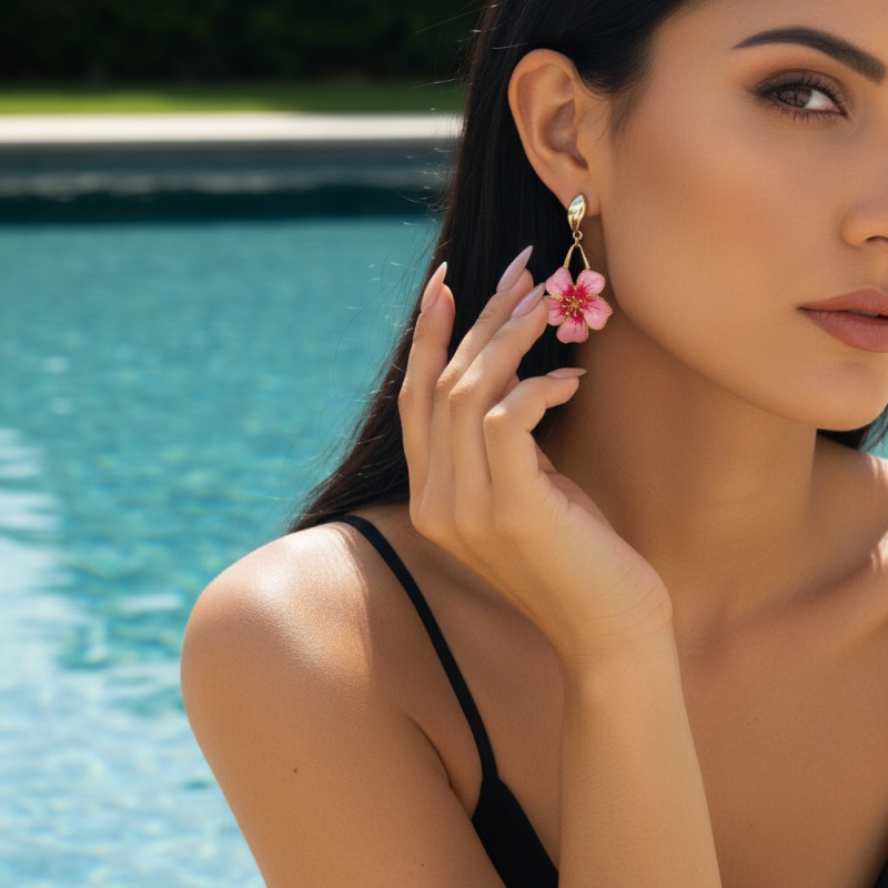 Boucles d'oreilles dorées goutte et fleur rose
