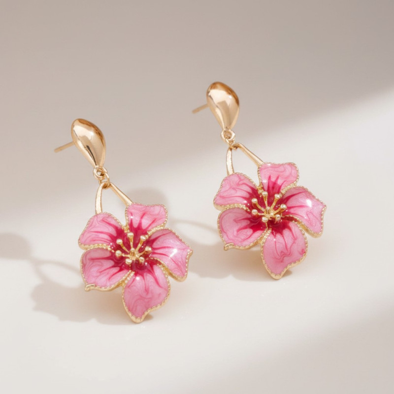 Boucles d'oreilles dorées goutte et fleur rose
