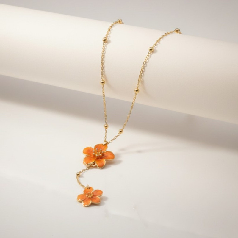 Collier plongeant doré fleurs oranges