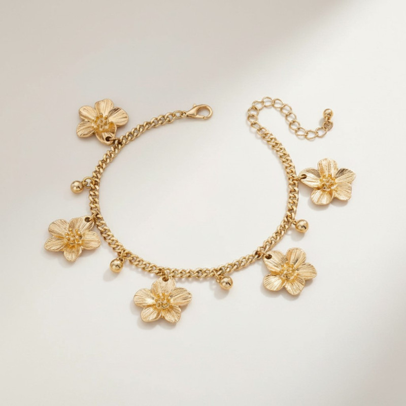 Chaîne de cheville dorée fleurs et perles