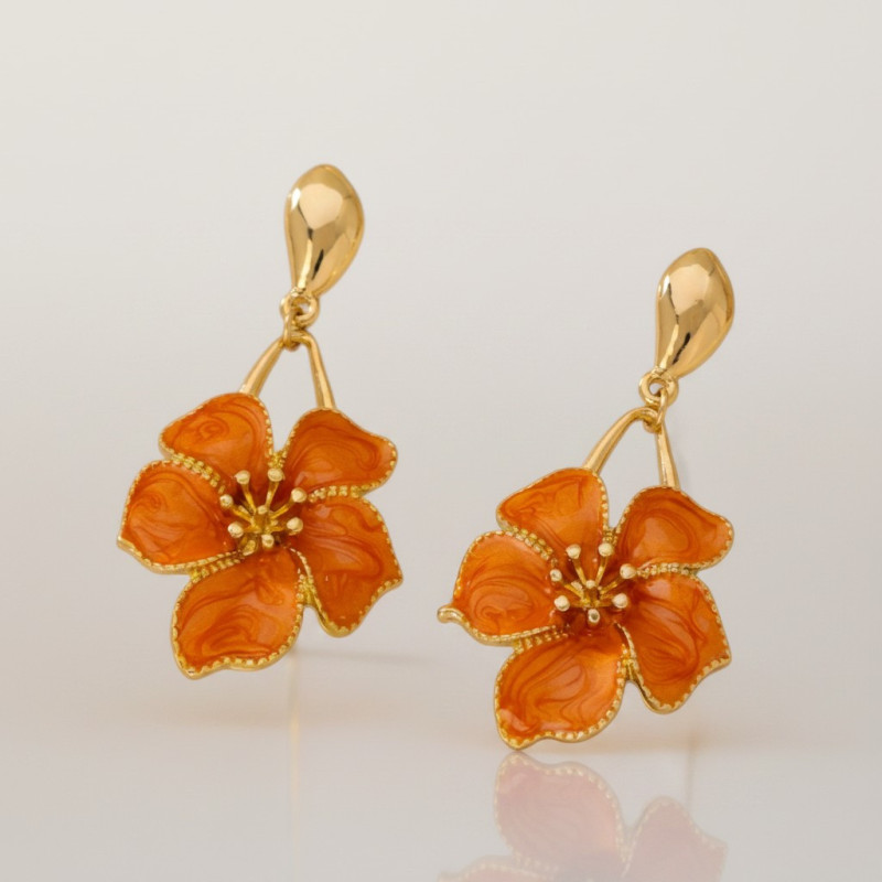 Boucles d'oreilles dorées goutte et fleur orange