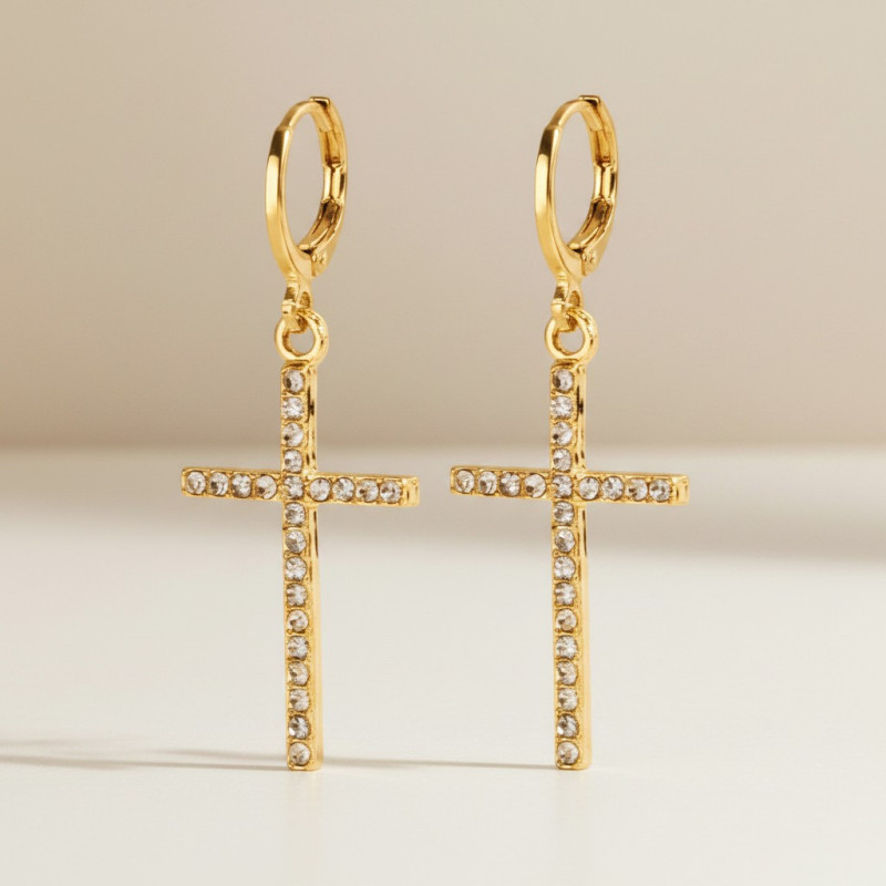 Boucles d'oreilles croix doré strass