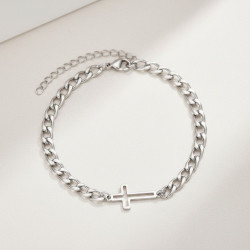 Bracelet homme grandes mailles argentées croix ajourée Acier