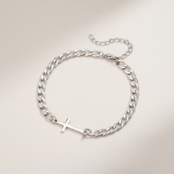 Bracelet homme grandes mailles argentées croix pleine Acier