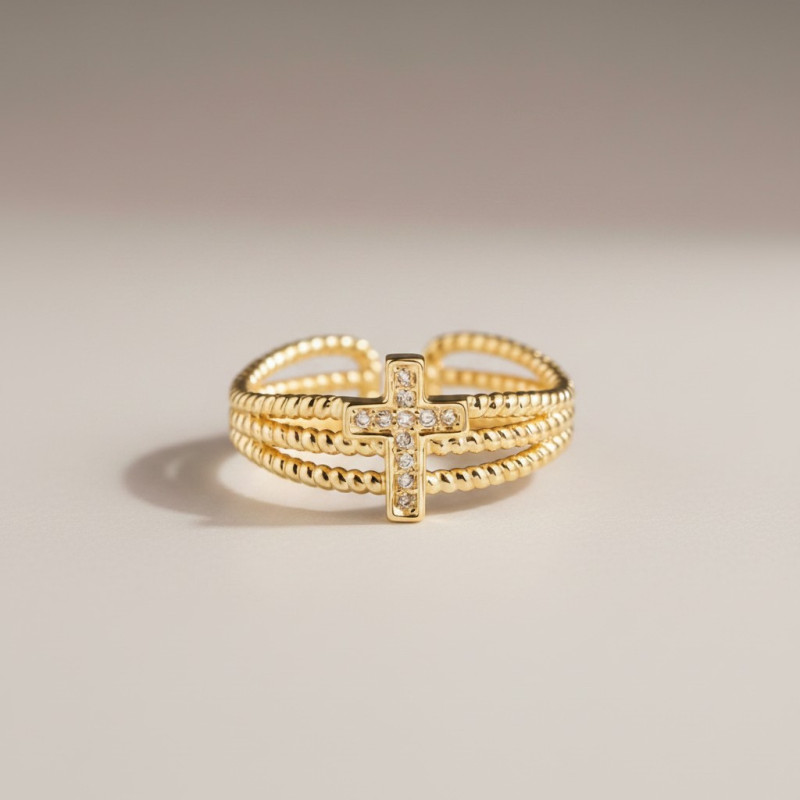 Bague ajustable dorée multirang croix Plaqué or