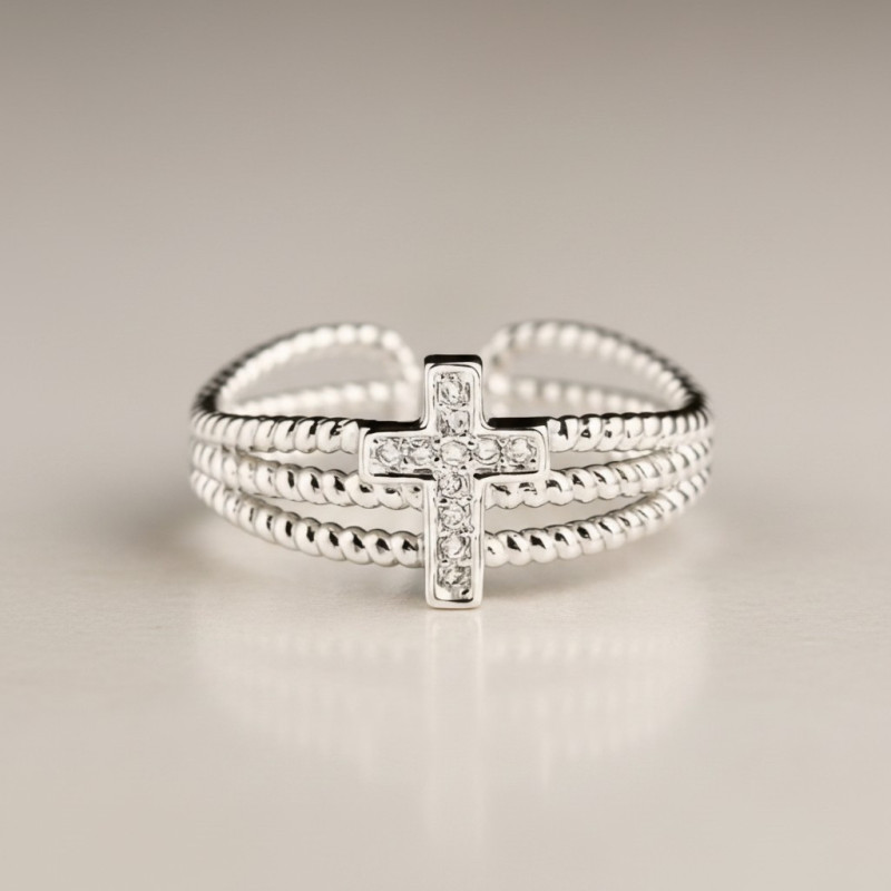 Bague ajustable argentée multirang croix Plaqué or blanc