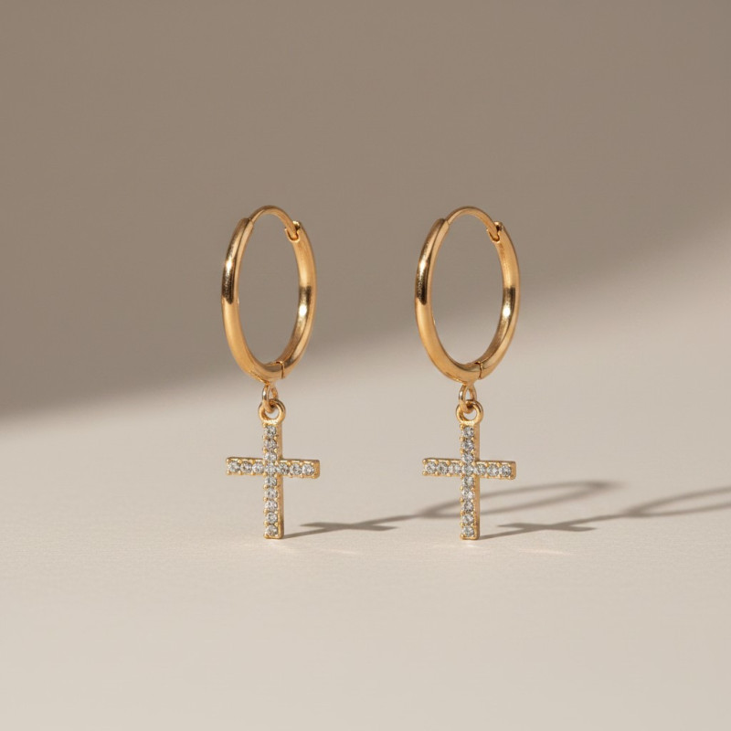 Créoles dorées croix avec strass