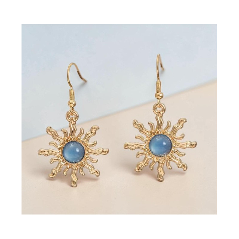 Boucles d'oreilles dorées soleil bleu