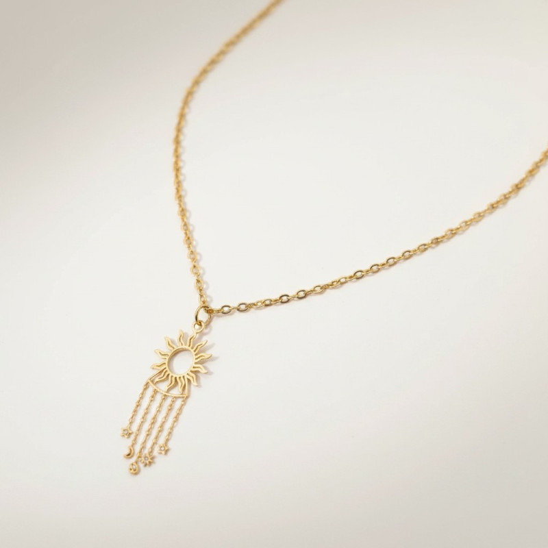 Collier doré soleil et franges étoilées Acier