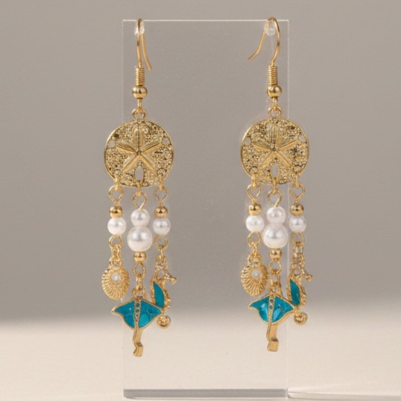 Boucles d'oreilles dorées vie marine et perles