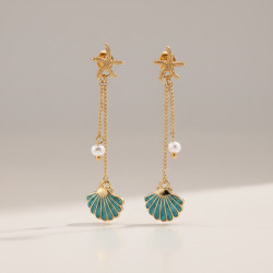 Boucles d'oreilles dorées perle et coquillage bleu