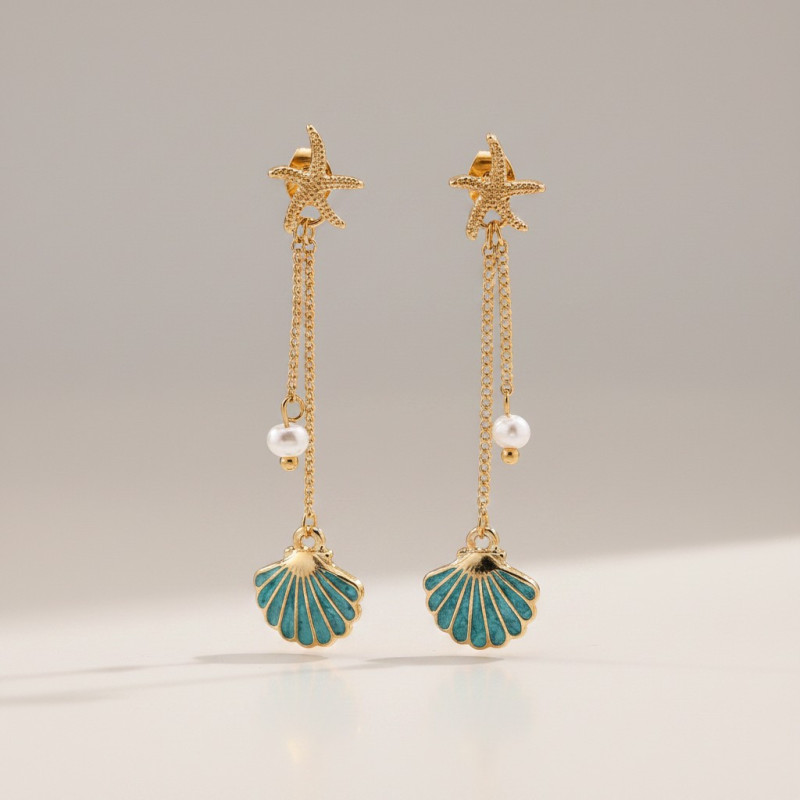 Boucles d'oreilles dorées perle et coquillage bleu