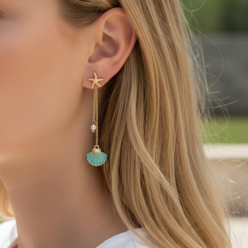 Boucles d'oreilles dorées perle et coquillage bleu