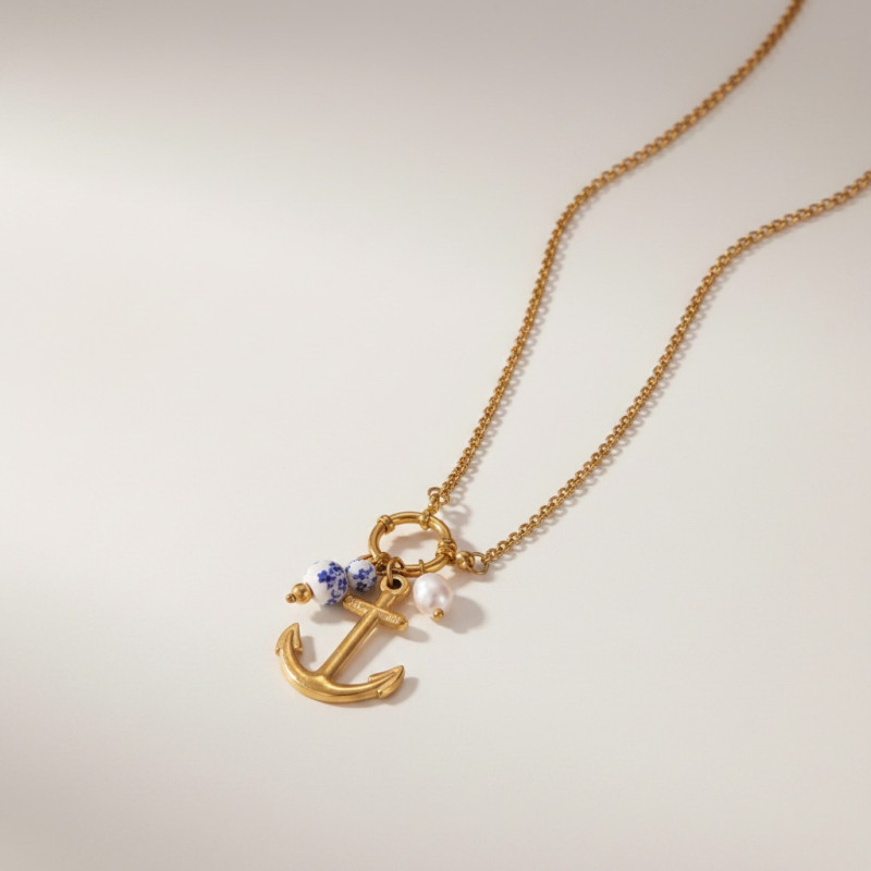 Collier doré ancre et perle Acier