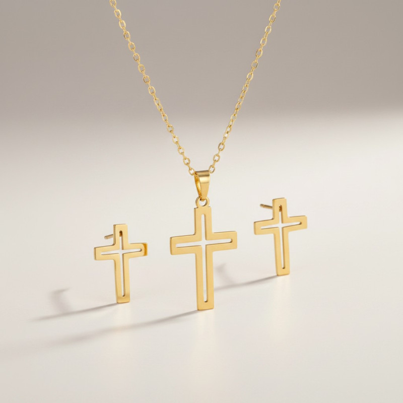 Parure dorée croix ajourées Acier