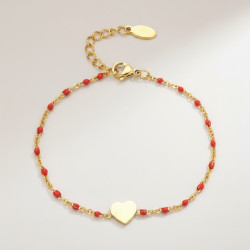 Bracelet doré coeur et perles d'émail rouges Acier