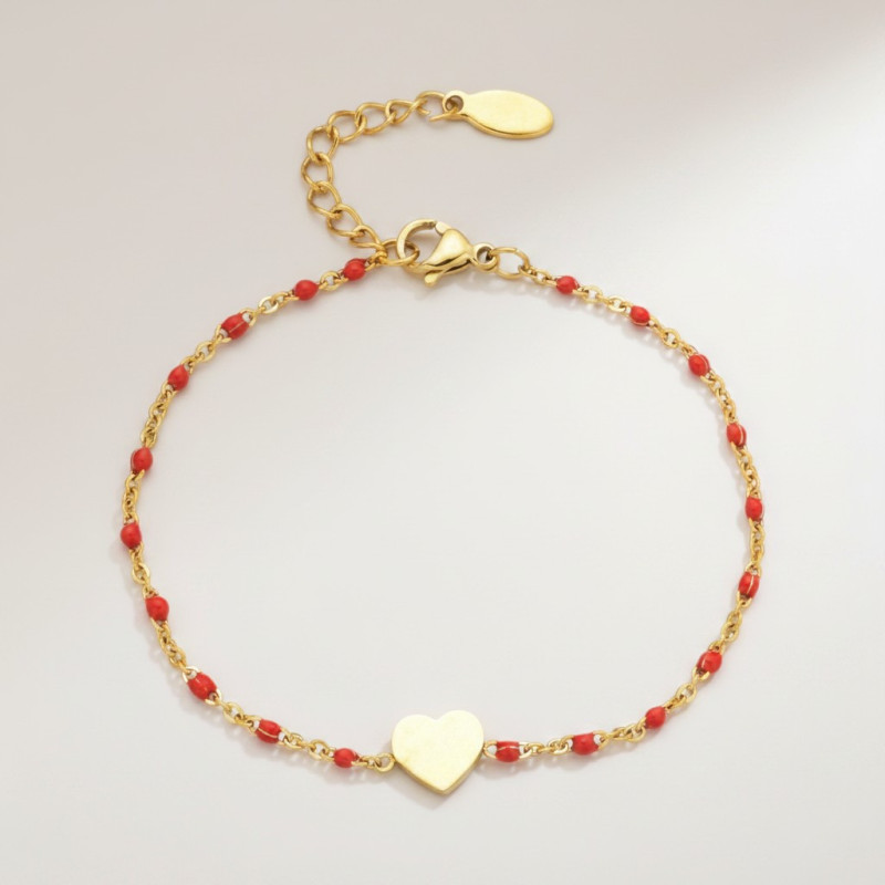 Bracelet doré coeur et perles d'émail rouges Acier
