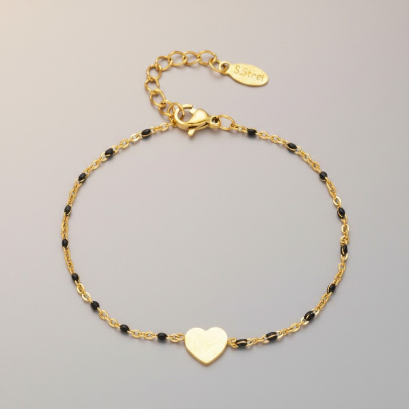 Bracelet doré coeur et perles d'émail noires Acier