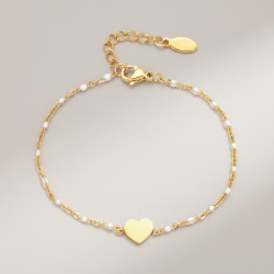 Bracelet doré coeur et perles d'émail blanches Acier