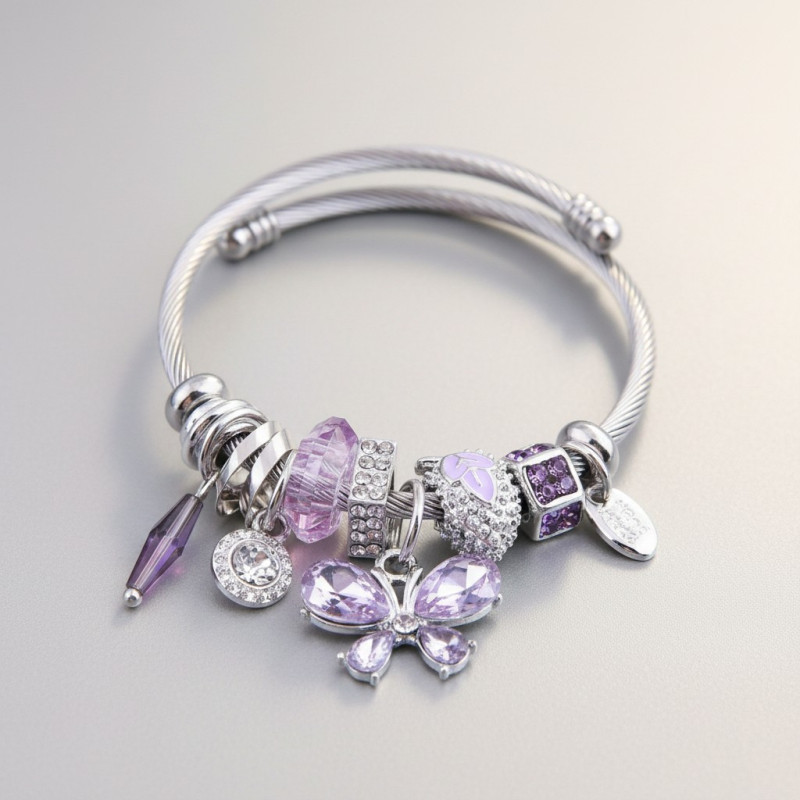 Bracelet charms argenté papillon violet Acier