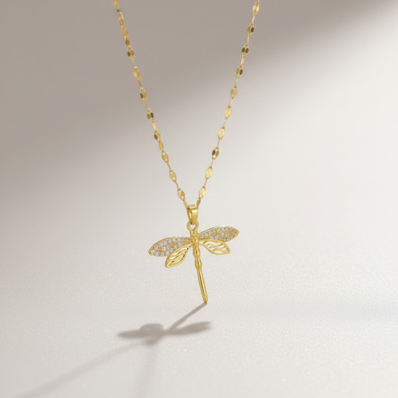 Collier doré libellule zircon Plaqué or