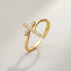 Bague ajustable dorée croix et zircon Plaqué or