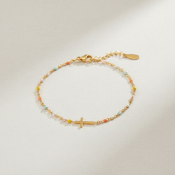 Bracelet doré croix et perles d'émail colorées Acier