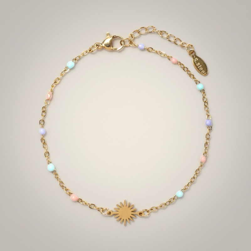 Bracelet doré soleil et perles d'émail colorées Acier