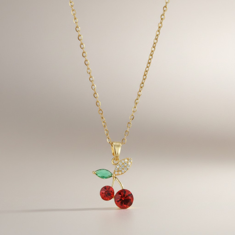 Collier doré cerise et zircon Plaqué or
