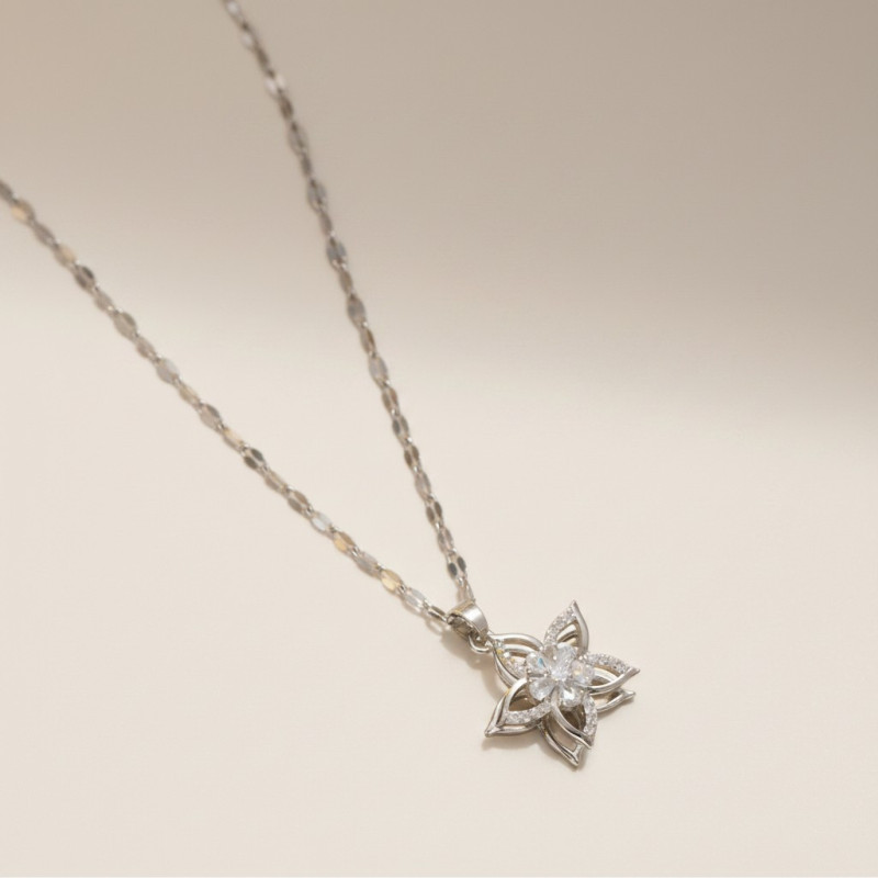 Collier argenté fleur rotative Plaqué or blanc