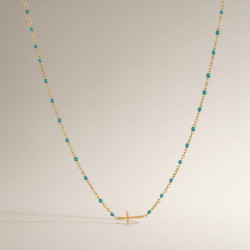 Collier doré croix et perles d'émail bleues Acier