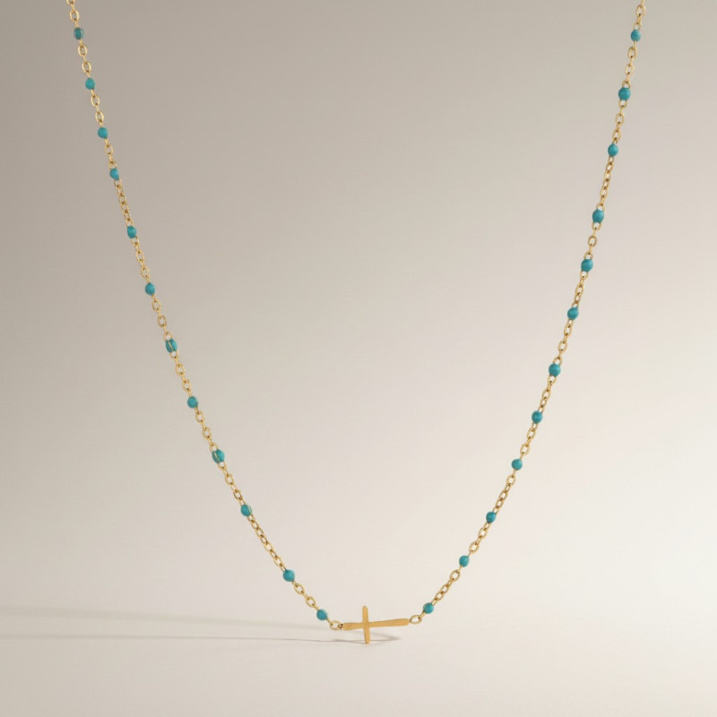 Collier doré croix et perles d'émail bleues Acier