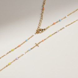 Collier doré croix et perles d'émail colorées Acier