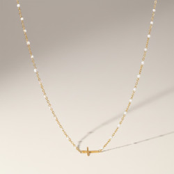 Collier doré croix et perles d'émail blanches Acier