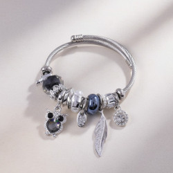 Bracelet charms argenté hibou et plume noir Acier