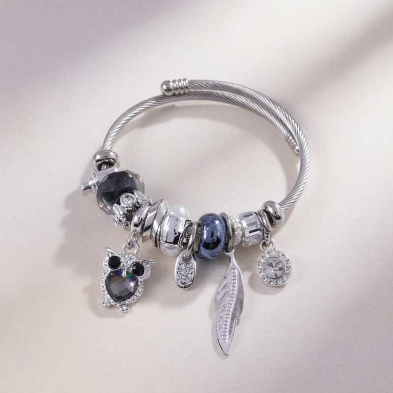 Bracelet charms argenté hibou et plume noir Acier
