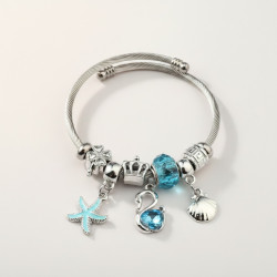 Bracelet charms argenté cygne, étoile et coquillage bleus Acier