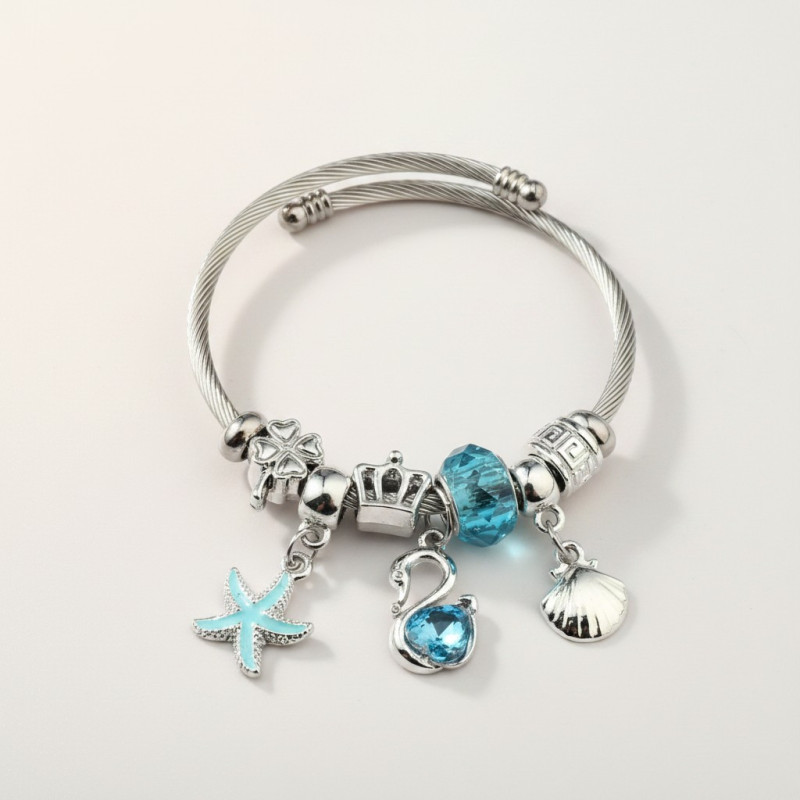 Bracelet charms argenté cygne, étoile et coquillage bleus Acier