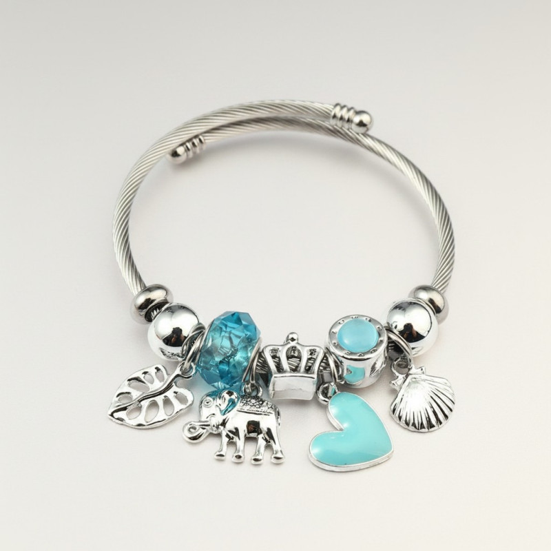 Bracelet charms argenté éléphant et coeur bleu Acier