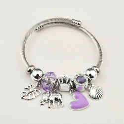 Bracelet charms argenté éléphant et coeur violet Acier