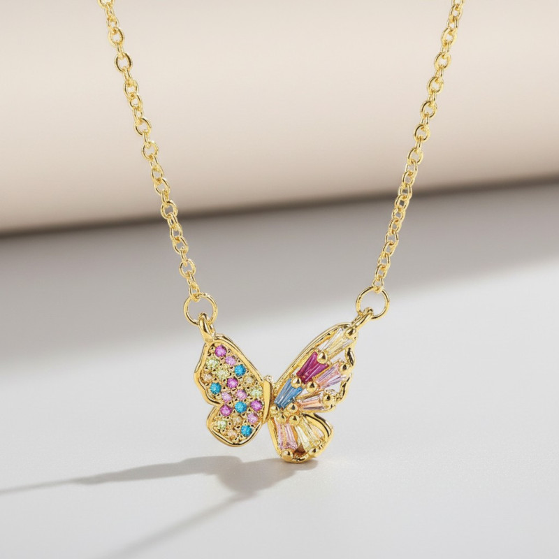 Collier doré papillon zircon multicolore Plaqué or