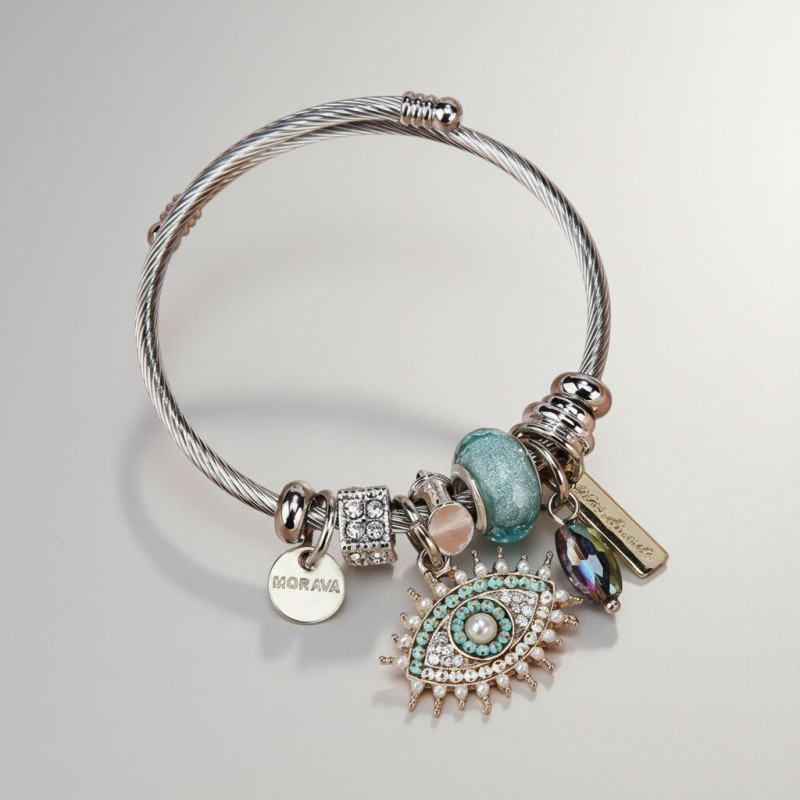 Bracelet charms argenté mauvais œil et perle bleue Acier
