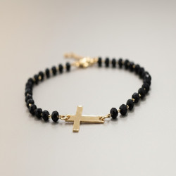 Bracelet doré croix et perles noires Acier