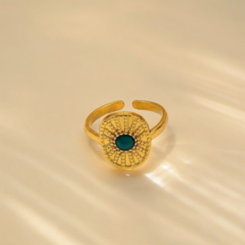 Bague ajustable dorée pierre verte rayonnante Acier