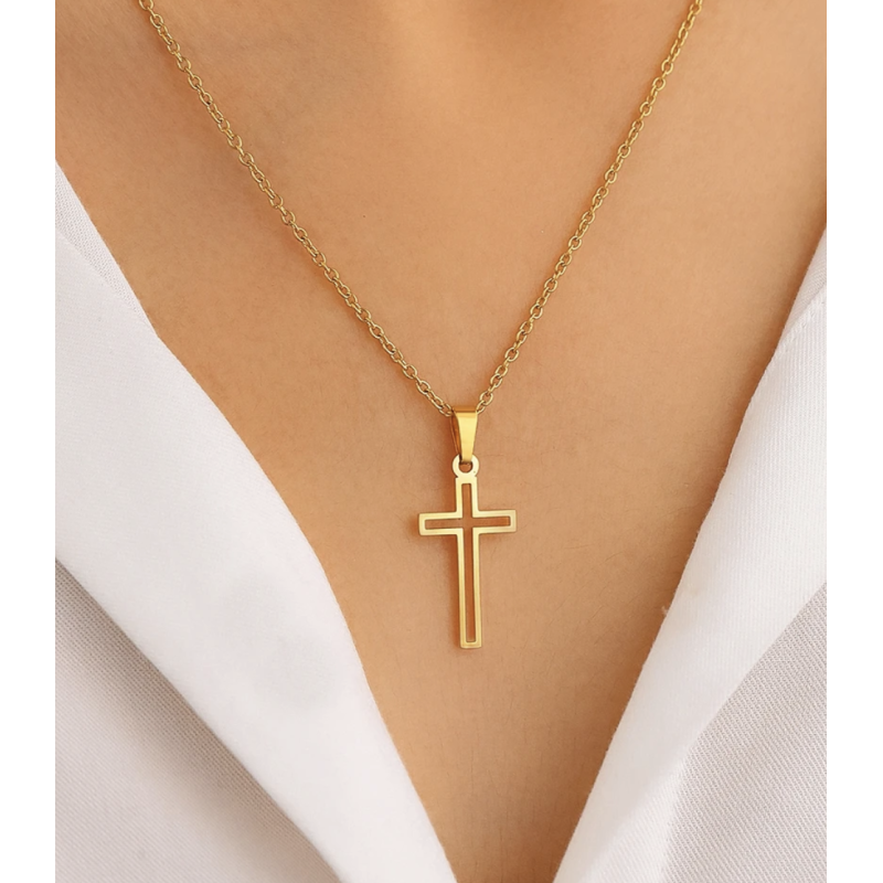 Collier doré croix ajourée Acier