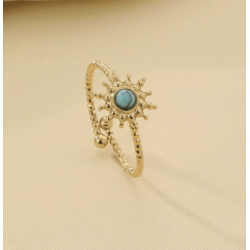 Bague ajustable dorée soleil bleu Acier