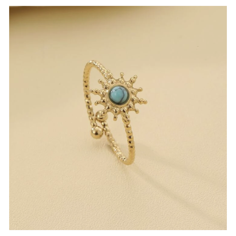 Bague ajustable dorée soleil bleu Acier