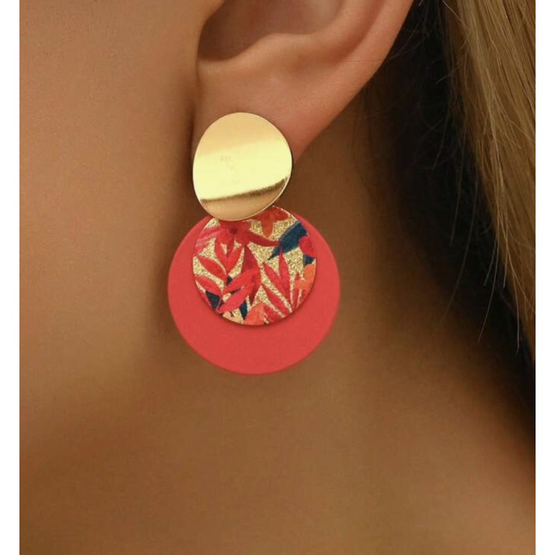 Boucles d'oreilles rondes dorées et roses imprimées fleurs
