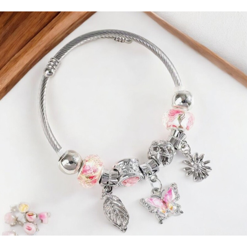 Bracelet argenté charms papillon rose